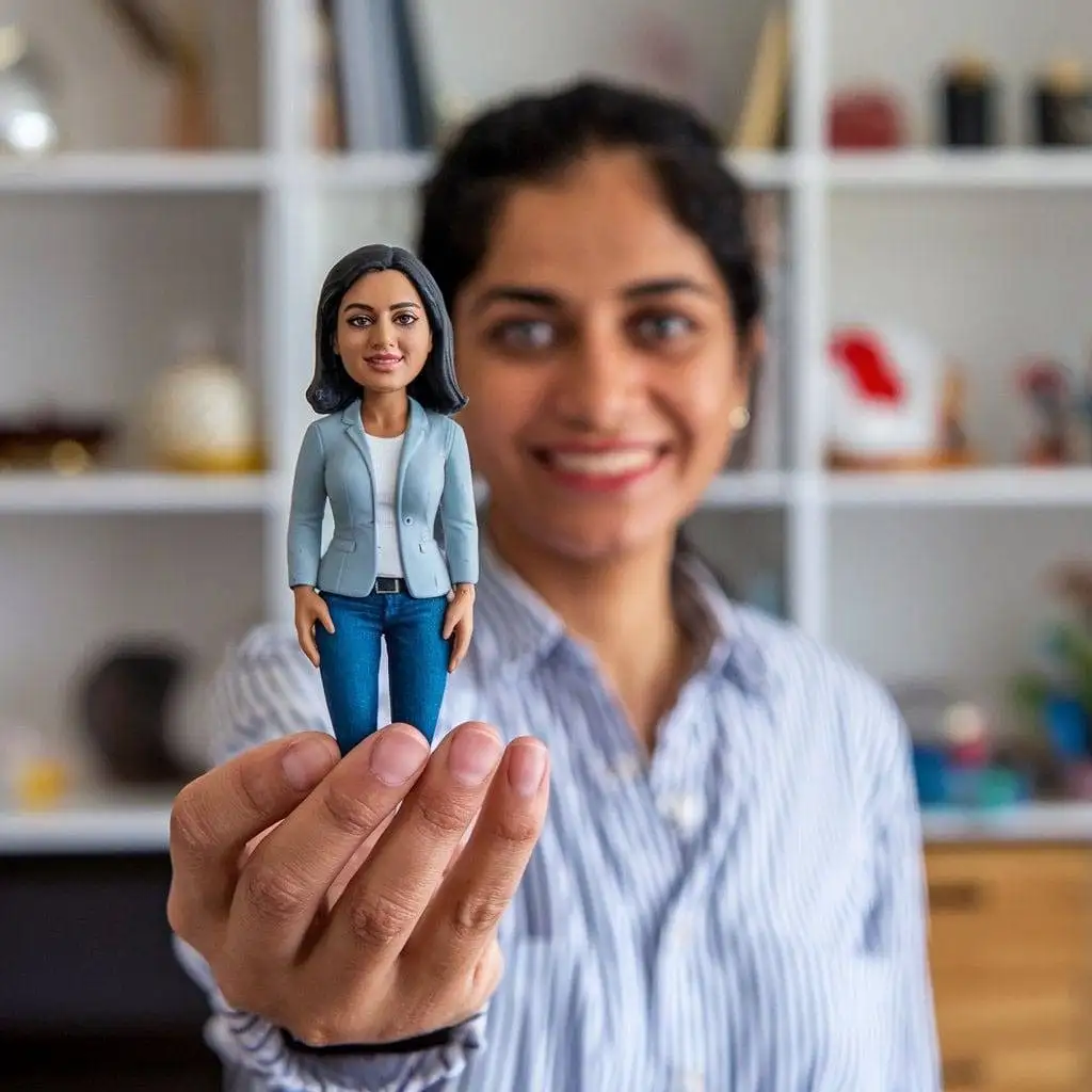 Lady standing with holding her mini replica in hand