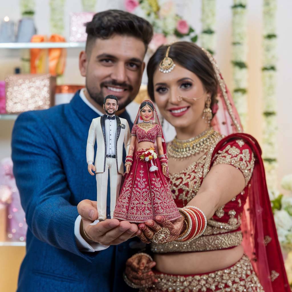 a indian wedding couple holding a miniature Replica in hand, perfect for gift